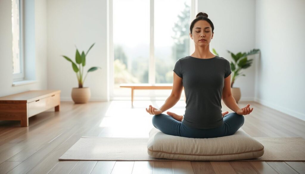 A serene, minimalist meditation studio bathed in natural light. The foreground features a person sitting cross-legged on a plush meditation cushion, their eyes closed in a state of deep focus. The middle ground showcases a simple, clean-lined wooden bench and a potted plant, adding a touch of greenery. The background depicts a large window overlooking a peaceful garden landscape, with soft, diffused light cascading into the space. The overall atmosphere is calming, tranquil, and conducive to mindfulness and stress reduction.