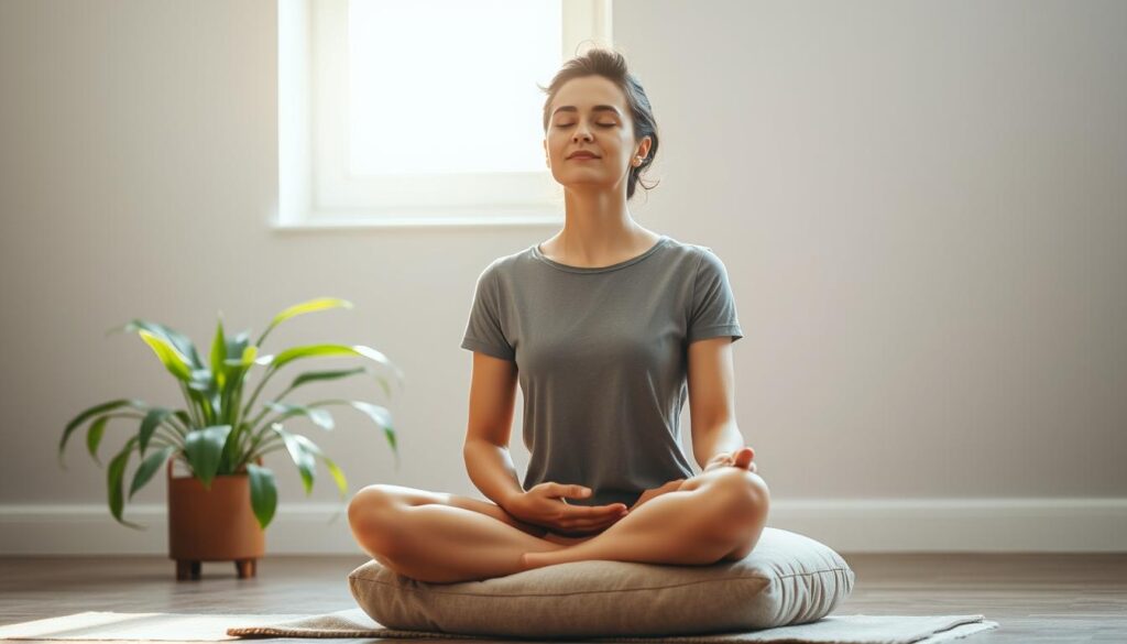 A serene morning meditation scene, bathed in the soft, natural light filtering through the window. In the foreground, a person sits cross-legged on a plush cushion, eyes closed in peaceful concentration, a sense of tranquility and clarity radiating from their expression. Subtly in the middle ground, lush, vibrant houseplants sway gently, their verdant foliage reflecting the calm energy of the space. The background is a muted, neutral-toned wall, creating a soothing, minimalist ambiance that allows the subject to be the focal point. The overall composition and lighting evoke a sense of balance, introspection, and the rejuvenating benefits of a morning meditation practice.