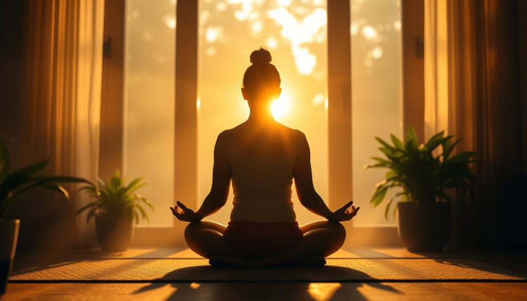 A serene morning scene of a person in lotus position, silhouetted against the soft golden glow of the rising sun. Warm natural light filters through the window, casting a peaceful ambiance. The figure is surrounded by lush, verdant plants and a minimal, Zen-inspired space. The background is hazy and blurred, allowing the central meditation practice to be the focus. The overall mood is tranquil, introspective, and grounded in the present moment.
