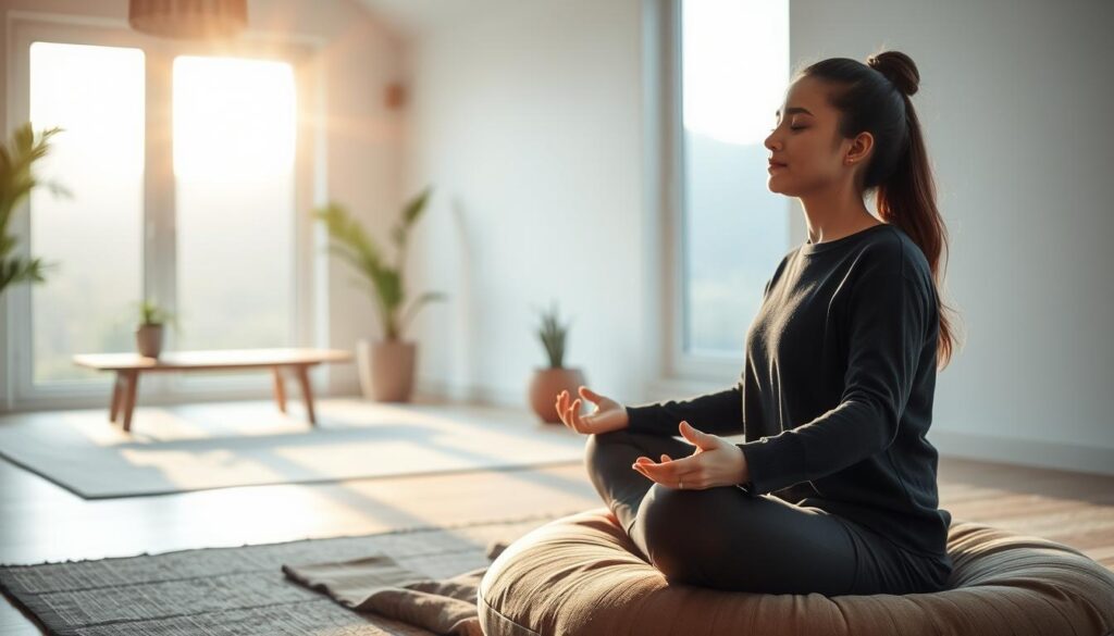 A serene morning scene of a person meditating in a cozy, well-lit space. The foreground features a person sitting cross-legged on a plush, earthy-toned cushion, their eyes closed and expression peaceful. Soft, natural light filters in through a large window, casting a warm glow and creating a sense of tranquility. The middle ground showcases a minimal, Zen-inspired decor with a few potted plants and a simple wooden table. The background fades into a blurred, natural landscape, hinting at the connection between inner and outer worlds.