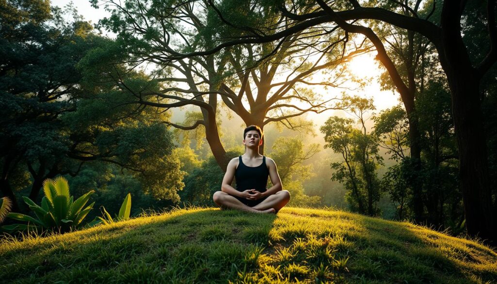 A serene, natural landscape with a person sitting cross-legged on a grassy knoll, surrounded by lush foliage and towering trees. Soft, natural lighting filters through the canopy, casting a warm, ambient glow. The figure is in a state of deep meditation, their eyes closed and face relaxed, hands resting gently on their lap. The overall atmosphere is one of tranquility and inner peace, inviting the viewer to pause and reflect. The scene conveys a sense of grounding, clarity, and the ability to find stillness amidst the challenges of everyday life.