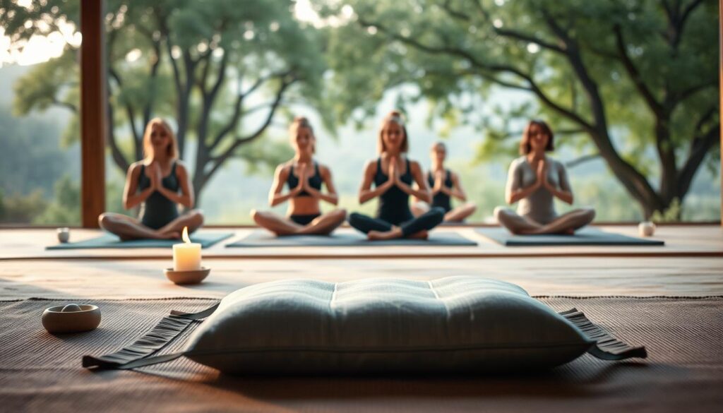 A serene natural setting with a meditation cushion or yoga mat in the foreground, surrounded by simple mindfulness props like a candle, incense, or a small bowl of stones. In the middle ground, various people are practicing gentle yoga poses or seated meditation, their faces peaceful and focused. The background features a calming landscape with soft natural light filtering through trees or an open window, creating a tranquil, grounding atmosphere. The overall mood is one of relaxation, inner calm, and a sense of being present in the moment.