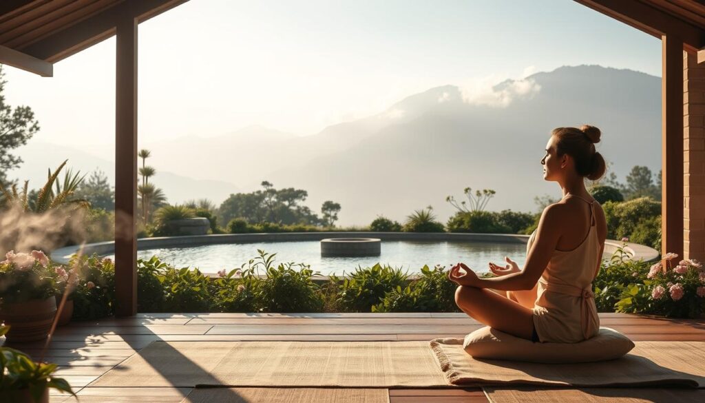 A serene, open-air meditation sanctuary bathed in soft, natural light. In the foreground, a person sits cross-legged on a cushion, eyes closed in deep contemplation. Gentle wisps of incense drift around them, creating an atmosphere of tranquility. The middle ground features a serene pond surrounded by lush, verdant plants and flowers, their soothing colors and textures reflecting the calm of the scene. In the background, a mountain range rises majestically, its peaks shrouded in mist, evoking a sense of boundless natural harmony. The overall mood is one of deep, restorative peace, perfectly suited for managing anxiety through the power of meditation.