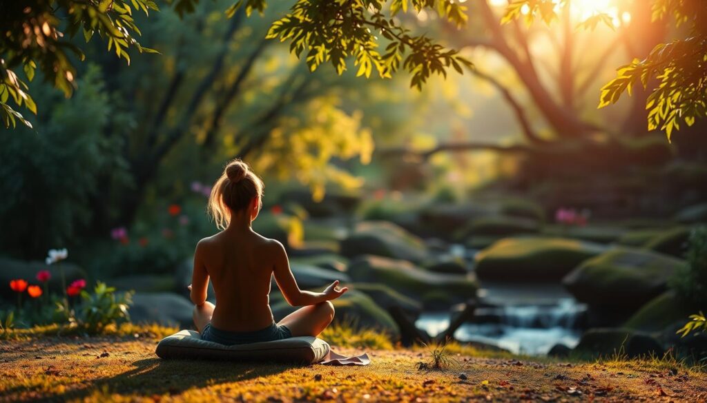 A serene outdoor scene with a person sitting in a peaceful meditation pose on a cushion, surrounded by lush greenery and natural elements. Warm, diffused natural light filters through the foliage, creating a calming ambiance. The foreground features the meditator's silhouette in a relaxed, contemplative state, while the middle ground showcases a tranquil garden or forest setting with colorful flowers, moss-covered rocks, and a babbling brook. The background gently fades into a soft, blurred horizon, conveying a sense of tranquility and introspection. The overall atmosphere evokes a mindful, grounded, and restorative experience.