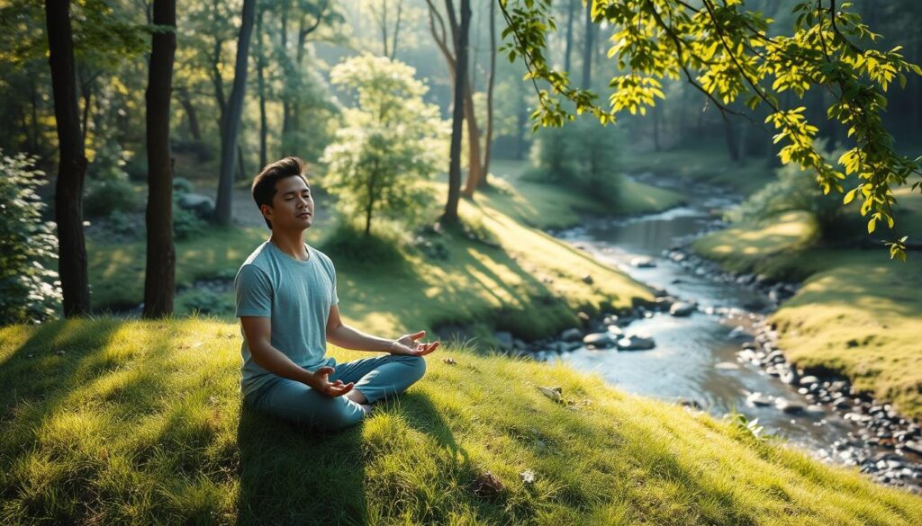 A serene scene of a person sitting cross-legged on a lush, grassy knoll, surrounded by a tranquil forest. Soft, natural light filters through the canopy, casting a warm glow on the meditator's face. Their eyes are closed, their expression one of deep focus and inner peace. In the background, a calming stream winds its way through the landscape, its gentle ripples creating a soothing soundtrack. The overall atmosphere is one of tranquility and mindfulness, capturing the essence of a meditation practice for brain health.