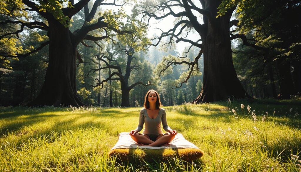 A serene, sun-dappled meadow in the heart of a lush, verdant forest. In the foreground, a person sits cross-legged on a soft, mossy cushion, eyes closed, hands resting gently on their lap. Diffused natural light filters through the canopy of leaves above, creating a warm, calming atmosphere. The background features towering, ancient trees, their branches swaying gently in a light breeze. The overall scene evokes a sense of tranquility, mindfulness, and a deep connection with the natural world.