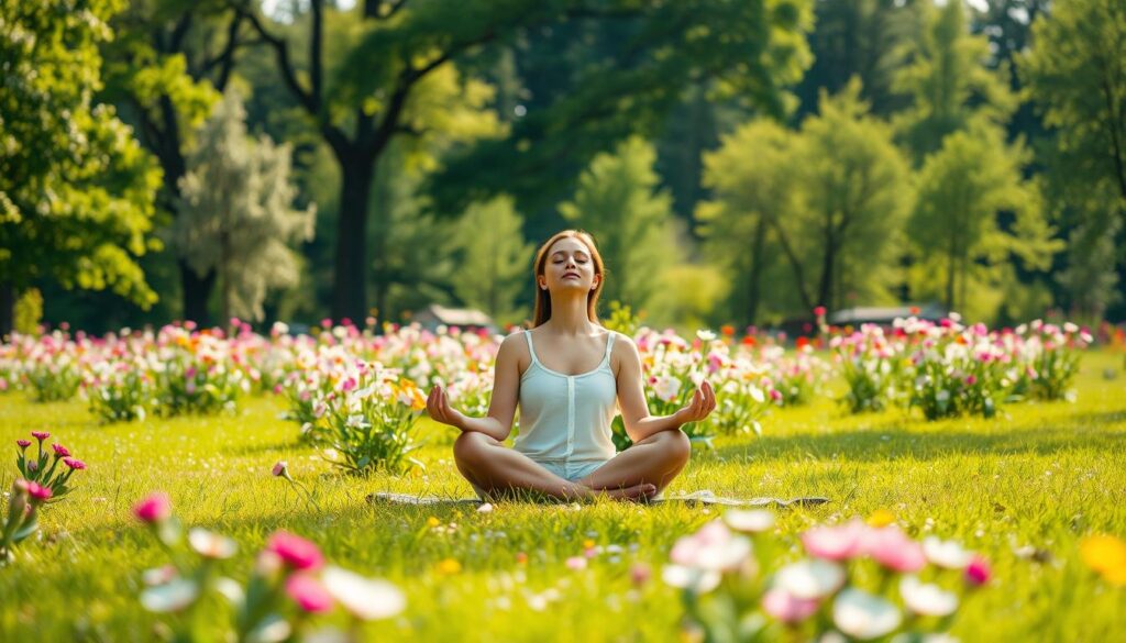 A serene, sun-dappled meadow, where a tranquil figure sits cross-legged, eyes closed in deep meditation. Surrounding them, wisps of ethereal energy emanate, visualizing the harmonious flow of emotions. In the middle ground, a vibrant garden bursts with blooming flowers, their petals gently swaying in the soft breeze. The background depicts a lush, verdant forest, its towering trees casting a warm, natural light upon the scene. This image conveys the transformative power of mindfulness, where inner peace and emotional intelligence intertwine, guiding us towards fulfilling relationships.