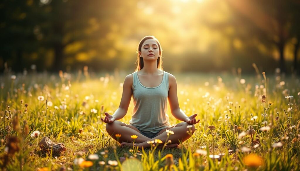 A serene, sun-dappled meadow, wildflowers swaying gently in a soft breeze. In the center, a person sits cross-legged, eyes closed, embodying deep introspection. Diffused natural light casts a warm, ethereal glow, creating an atmosphere of profound self-awareness. The background is blurred, allowing the viewer to focus on the meditator's tranquil expression, their mind at ease, their breath steady. The scene radiates a sense of inner peace, inviting the observer to pause and find their own path to mindfulness.