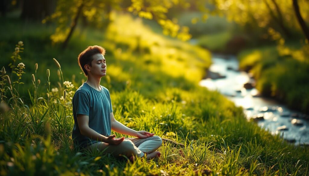 A serene, sun-dappled meadow, with a lone figure seated in a peaceful lotus position, hands resting gently on their lap. The figure's expression is one of deep focus and tranquility, their features softened by the warm, diffused light filtering through the lush, verdant foliage. In the background, a gently flowing stream meanders through the scene, its gentle burbling adding to the calming ambiance. The overall atmosphere is one of profound stillness and introspection, inviting the viewer to pause and connect with their own inner sense of harmony and well-being.