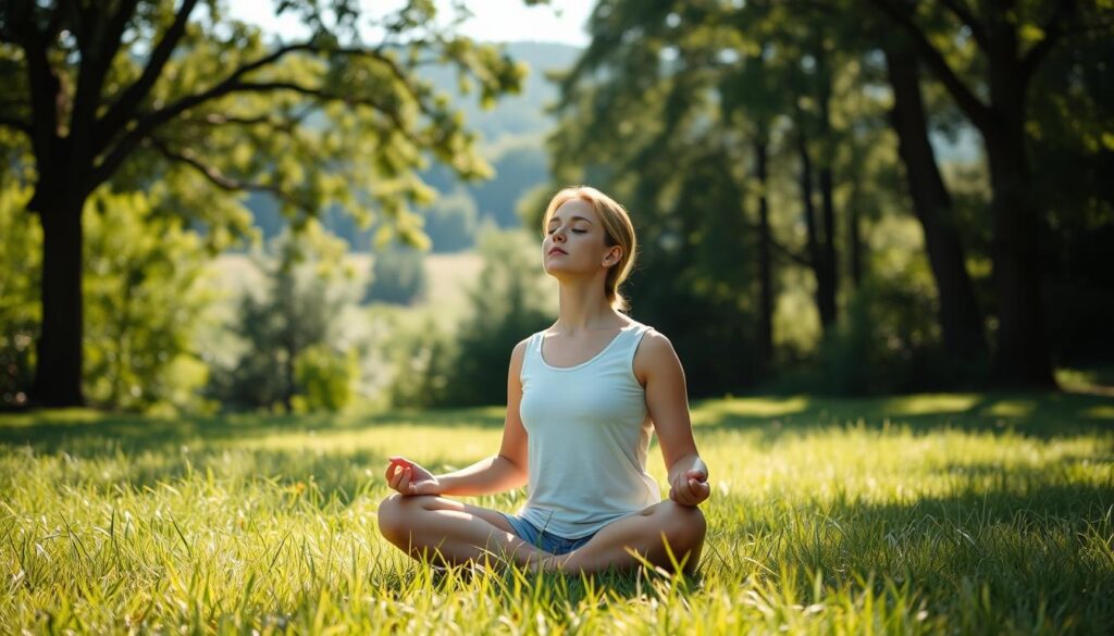 A serene, sun-dappled meadow, with a person sitting in a cross-legged position, deeply focused on their breath. Soft, diffused natural light filters through the surrounding trees, casting gentle shadows on the figure's face. The person's eyes are closed, expression tranquil, as they inhale and exhale steadily, their breathing the only sound in the peaceful, contemplative scene. In the background, lush green foliage and the distant horizon create a calming, naturalistic backdrop, inviting the viewer to join in the meditative experience.