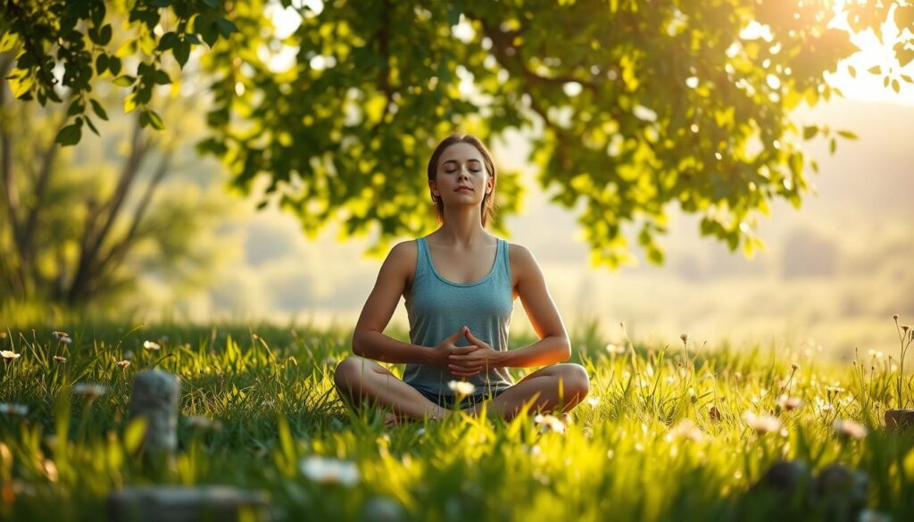 A serene, sun-dappled meadow with lush greenery and wildflowers. In the center, a person sits cross-legged, eyes closed, palms resting gently on their lap, their expression tranquil and focused. Soft, natural light filters through the leaves overhead, casting a warm, calming glow. The background blurs into a hazy, out-of-focus landscape, creating a sense of peaceful isolation. The image conveys a feeling of mindfulness, introspection, and the profound benefits of meditation for relieving anxiety.