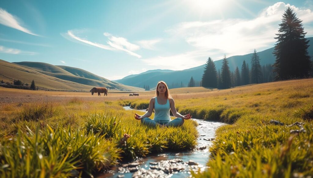 A serene, sun-dappled meadow with lush, verdant grass and a tranquil stream flowing through the center. In the foreground, a person sits cross-legged, eyes closed, deeply immersed in a meditative pose. Soft, natural lighting illuminates their face, exuding a sense of calm and inner peace. In the middle ground, wispy clouds drift across a bright, azure sky, while in the distance, rolling hills and towering trees create a soothing, pastoral backdrop. The overall atmosphere conveys the profound benefits of meditation for reducing anxiety, promoting mindfulness, and achieving a harmonious state of being.