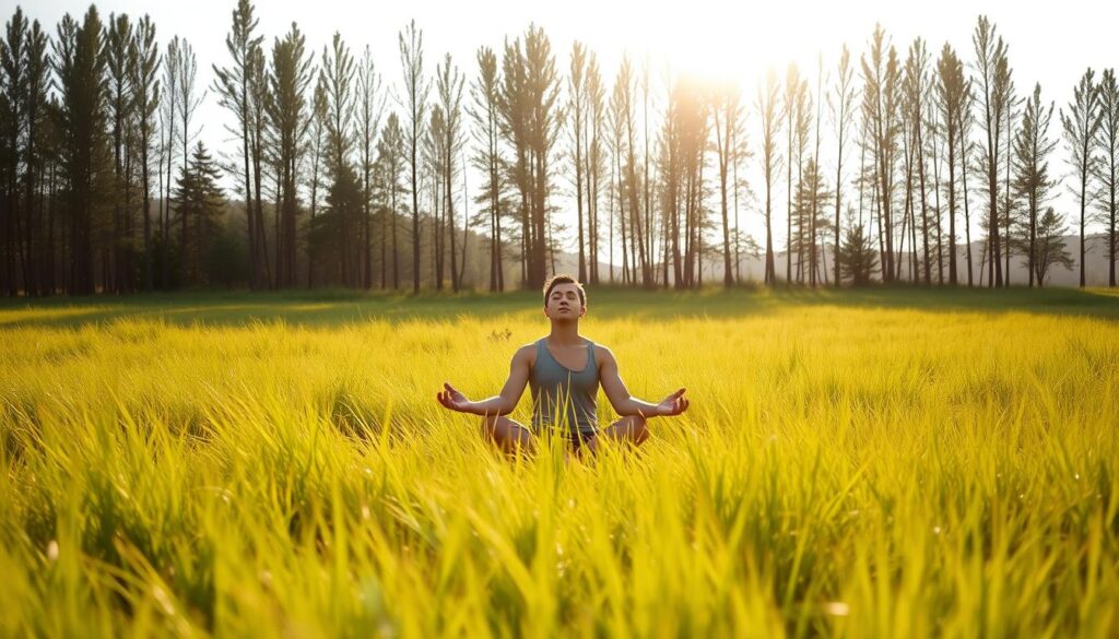 A serene, sun-drenched meadow at dawn. A lone figure sits cross-legged, eyes closed, palms resting on their knees in a posture of tranquil meditation. Soft, natural light filters through the lush, swaying grasses, casting a warm, diffused glow. In the distance, a stand of tall, slender trees frames the scene, their leaves rustling gently in the morning breeze. The overall atmosphere is one of profound calm and introspection, inviting the viewer to pause and find their own moment of peaceful reflection.