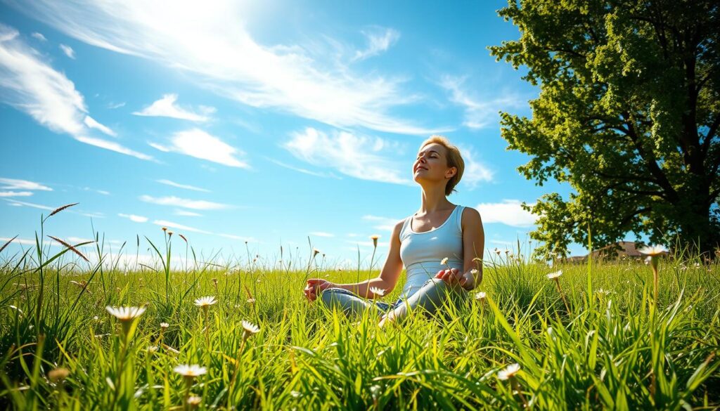 A serene, sunlit meadow envelops a person sitting cross-legged in a state of deep relaxation. Wispy clouds drift across a clear azure sky, casting soft shadows that dance across the lush, verdant grass. Wildflowers sway gently in a light breeze, their delicate petals emanating a sense of tranquility. The figure's eyes are closed, face radiant with an expression of peace and inner calm. Sunlight filters through the leaves of nearby trees, casting a warm, diffused glow that permeates the scene. The overall atmosphere is one of profound serenity, inviting the viewer to join in the experience of guided visualization and meditation.