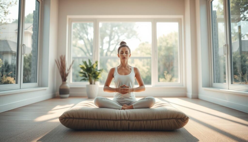 A serene, sunlit room with large windows overlooking a tranquil garden. In the center, a person sits cross-legged on a plush meditation cushion, eyes closed, hands resting gently on their lap. Soft natural light filters in, casting a warm glow on their face. The atmosphere is one of stillness and inner calm, with the faint sound of birds chirping outside. The space is uncluttered, with simple, minimalist decor that creates a soothing, meditative ambiance. The camera captures the scene from a slight angle, highlighting the tranquil, centered pose of the meditator.