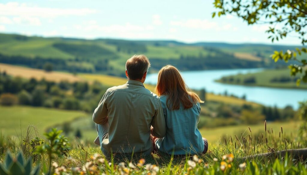 A serene, tranquil scene of two figures sitting together in a natural setting, surrounded by lush greenery and soft, natural light. The figures, one male and one female, are engaged in thoughtful, empathetic conversation, their body language conveying a sense of deep understanding and connection. The background is a peaceful, pastoral landscape with rolling hills, a calming river, and a clear, azure sky. The overall mood is one of introspection, mindfulness, and the deepening of interpersonal bonds through empathy and shared presence.