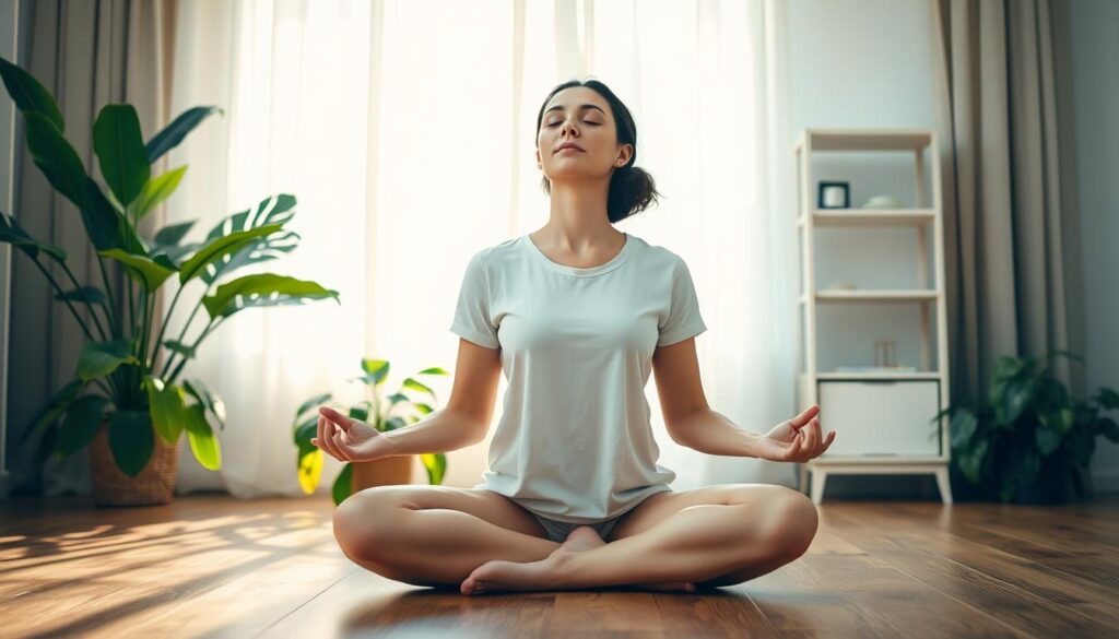 A serene woman sits cross-legged on a wooden floor, eyes closed in deep meditation. Soft natural light filters through sheer curtains, casting a warm glow on her face. Lush indoor plants surrounding her add touches of verdant green, creating a calming, nature-inspired atmosphere. In the background, a simple, minimalist bookshelf stands, hinting at the importance of stillness and introspection in her daily life. The scene conveys a sense of mindfulness, inner peace, and the integration of contemplative practice into everyday routines.