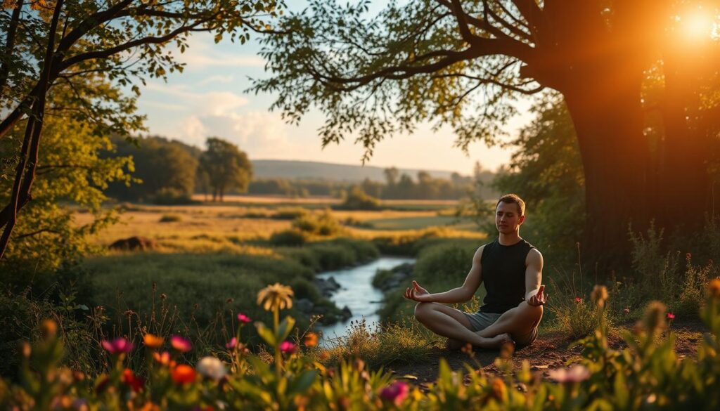 A serene woodland setting with a meditating figure in the foreground, surrounded by lush greenery and vibrant wildflowers. Warm, natural light filters through the canopy, casting a peaceful glow. In the middle ground, a tranquil stream winds its way through the landscape, its gentle flow reflecting the stillness of the scene. Wispy clouds drift across a softly lit sky, adding to the calming atmosphere. The meditating figure is positioned in a cross-legged pose, eyes closed, hands resting gently in their lap, exuding a sense of focus and inner calm. This scene visually encapsulates the cognitive benefits of meditation, evoking a state of mindfulness, clarity, and rejuvenation.