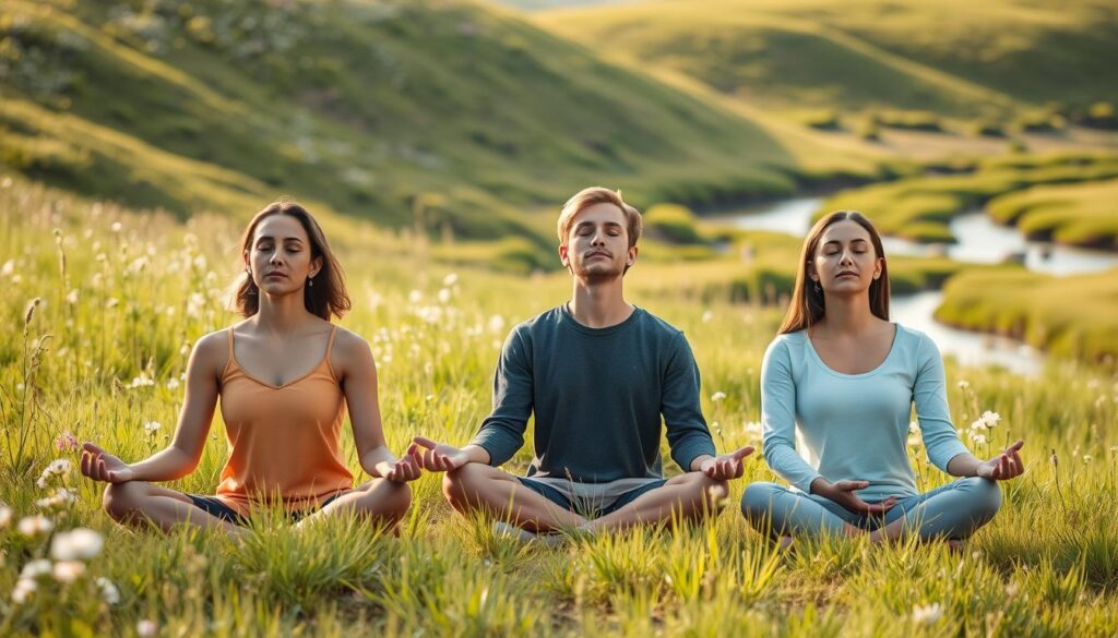 A tranquil meadow in soft, natural light. Three individuals sit cross-legged, eyes closed, hands resting gently on their laps. Their expressions are serene, their bodies at ease. In the background, a rolling hill dotted with wildflowers and a meandering stream reflect the peaceful atmosphere. The scene evokes a sense of mindfulness, balance, and the harmonious integration of mind, body, and spirit.