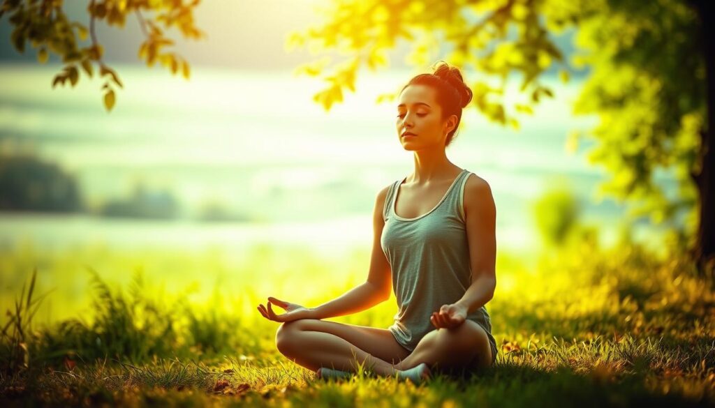 A tranquil meditation scene with a person sitting cross-legged in a serene natural setting. Warm natural light filters through the lush greenery, casting a calming glow. The meditator's eyes are closed, hands resting gently on their lap, entirely focused on their mantra. The background features a calming landscape, perhaps a meadow or a forest, conveying a sense of serenity and stillness. The overall mood is one of introspection, calmness, and relief from anxiety.