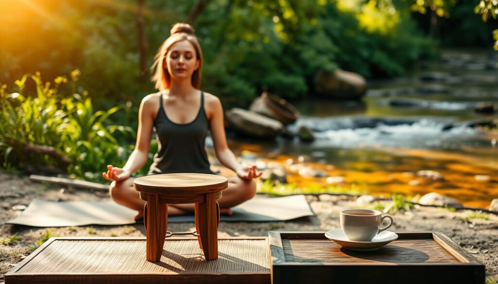 A tranquil outdoor scene with a person sitting cross-legged on a yoga mat, surrounded by lush greenery and natural elements. Warm, diffused natural light filters through the scene, creating a serene atmosphere. In the foreground, a wooden meditation stool and a cup of tea sit on a low table, while in the background, a flowing stream or pond reflects the natural landscape. The person's eyes are closed, their expression peaceful, as they practice mindful breathing techniques. The overall composition evokes a sense of calm, balance, and connection with the natural world.