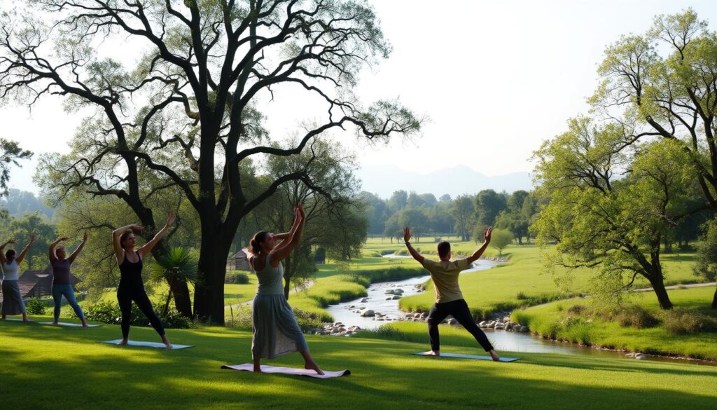 A tranquil scene of mindful movement practices unfolding in a serene, natural setting. In the foreground, a group of individuals gracefully perform yoga poses and flowing tai chi movements, their bodies in perfect harmony with the gentle breeze. Middle ground features a lush, verdant landscape with towering trees and a meandering stream, bathed in soft, natural light. The background depicts a distant, hazy mountain range, adding to the serene and contemplative atmosphere. The overall mood is one of calm, introspection, and the integration of body, mind, and spirit.
