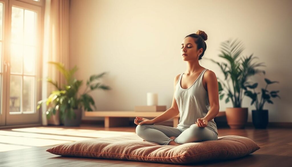 A tranquil, sun-drenched meditation space. In the foreground, a person sits cross-legged on a plush, earthy-toned meditation cushion, their eyes gently closed as they focus inwards. Warm, natural light filters through large windows, casting a soothing glow across the scene. Lush, leafy plants and a simple, minimalist altar adorn the middle ground, creating a calming, nature-inspired atmosphere. In the background, a neutral, off-white wall provides a clean, serene backdrop, allowing the viewer to fully immerse themselves in the meditative moment.