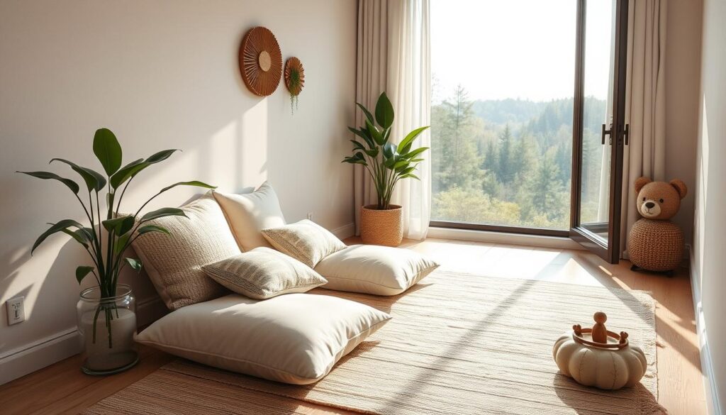 Create an image of a serene morning meditation space