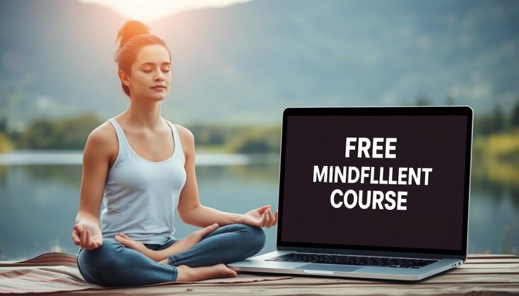 Generate an image of a person meditating in a peaceful environment with a laptop showing a free online mindfulness course.