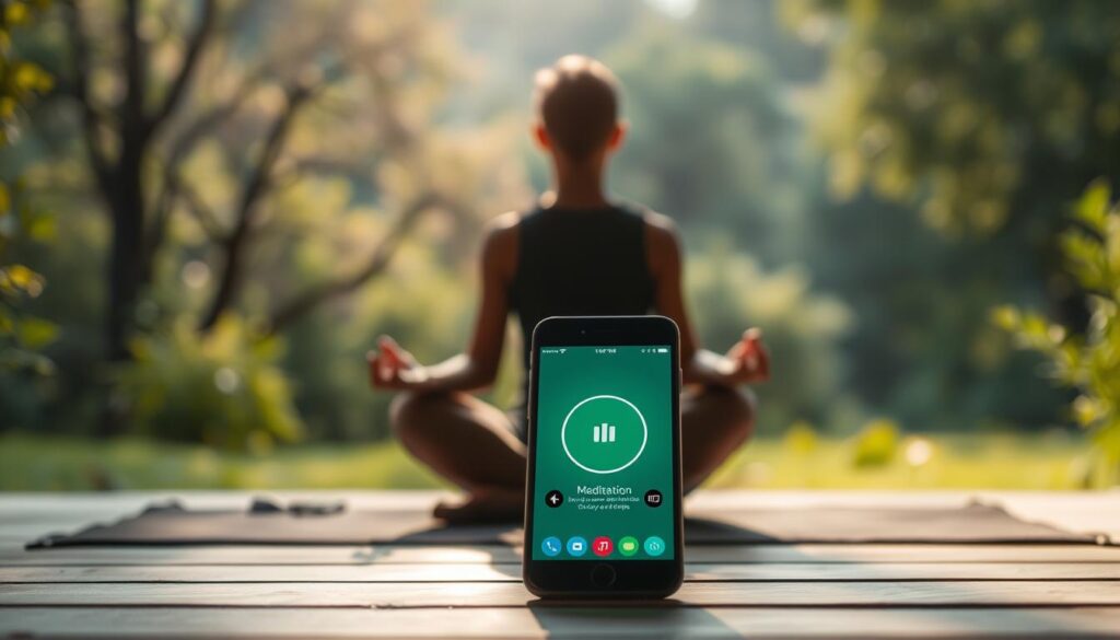 Generate an image of a person meditating with a smartphone displaying a meditation app.