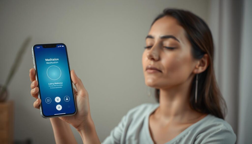 Generate an image of a person meditating with a smartphone displaying a meditation app