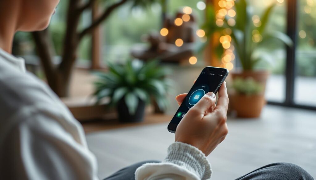 Generate an image of a person using a meditation app on their phone