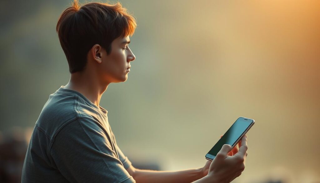 Generate an image of a person using a meditation app on their smartphone.