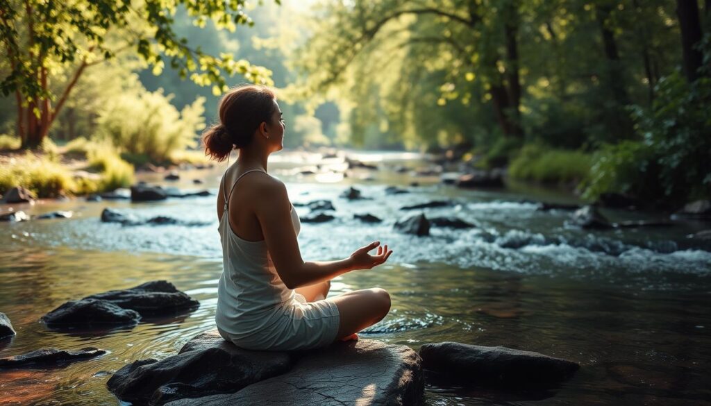 Generate an image of a serene environment where someone is practicing open-monitoring meditation.