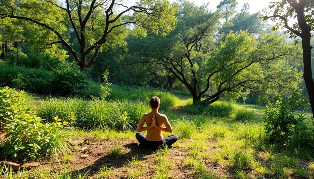 Generate an image of a serene, natural setting with a person meditating.