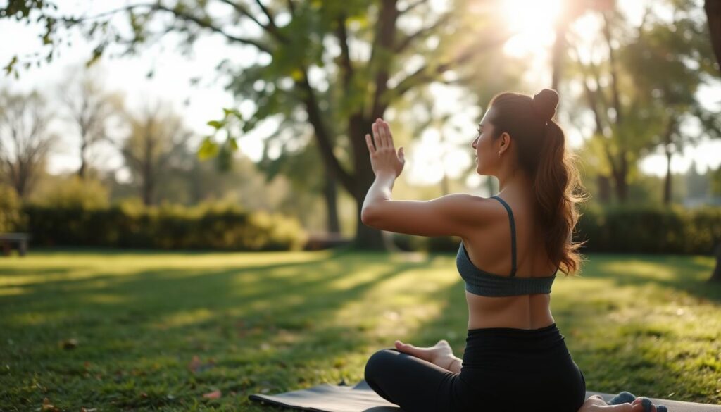 Image of a beginner practicing gentle yoga in a peaceful environment