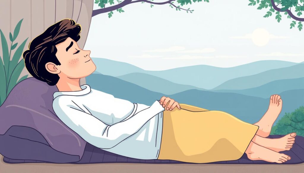 Image of a person lying down or sitting comfortably, eyes closed, with a serene background to represent relaxation and mindfulness.