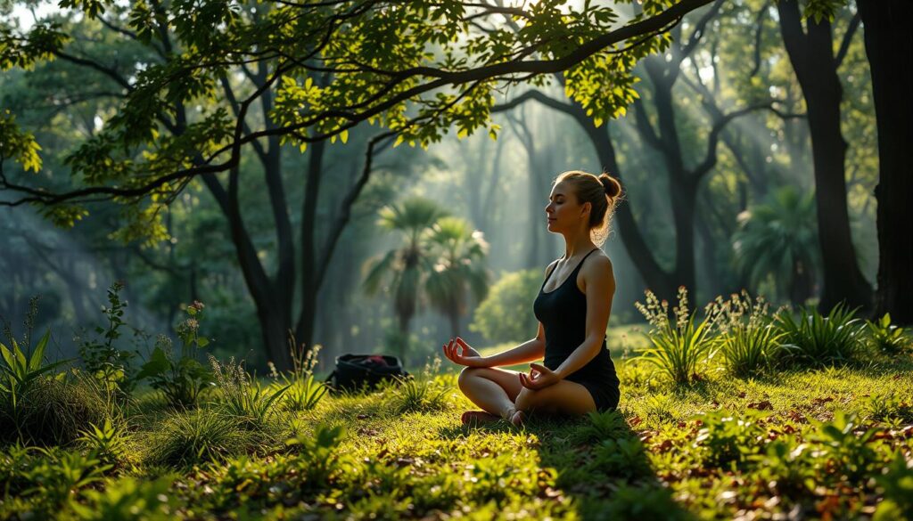 Image of a person meditating in a peaceful environment