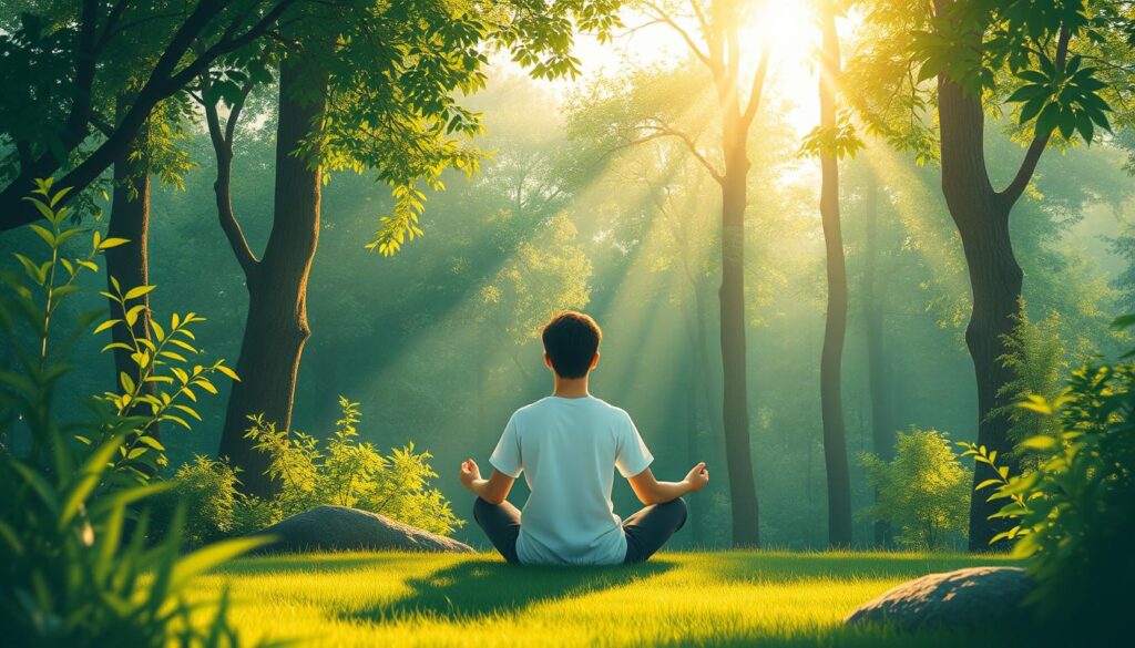 Image of a person meditating in a serene environment