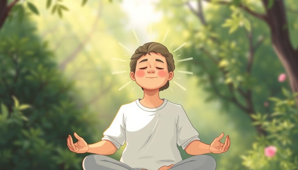 Image of a person meditating with a gentle, kind expression
