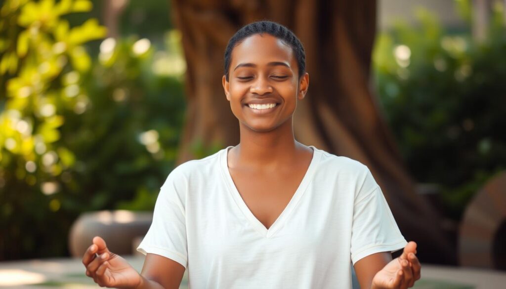 Image of a person meditating with a gentle, loving expression