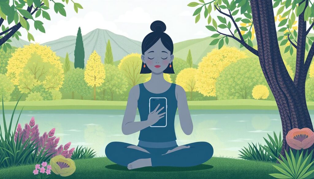 Image of a person meditating with a meditation app on their phone