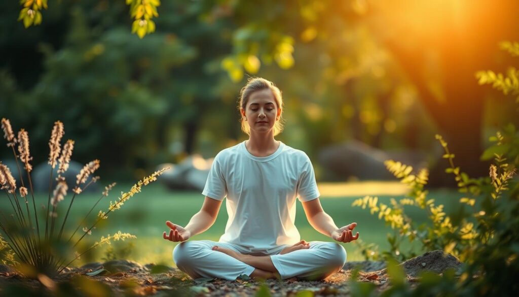 Image of a person meditating with a serene background