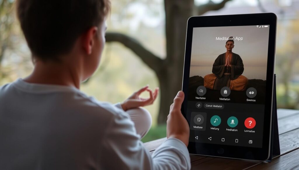 Image of a person meditating with a tablet displaying a meditation app