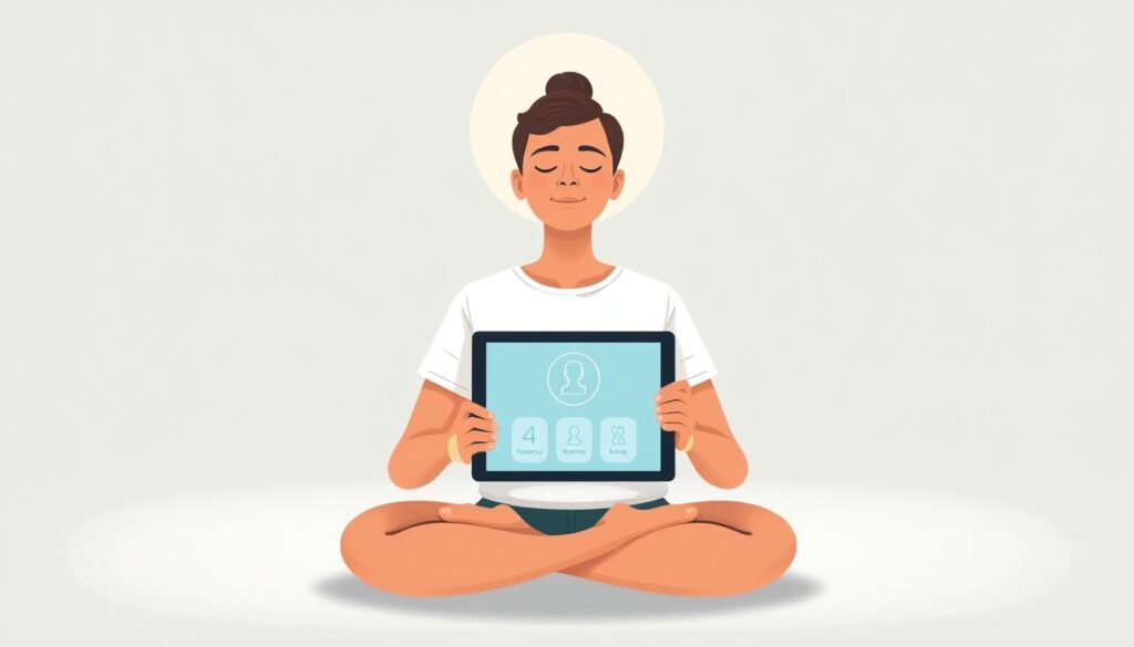 Image of a person meditating with a tablet displaying a mindfulness app