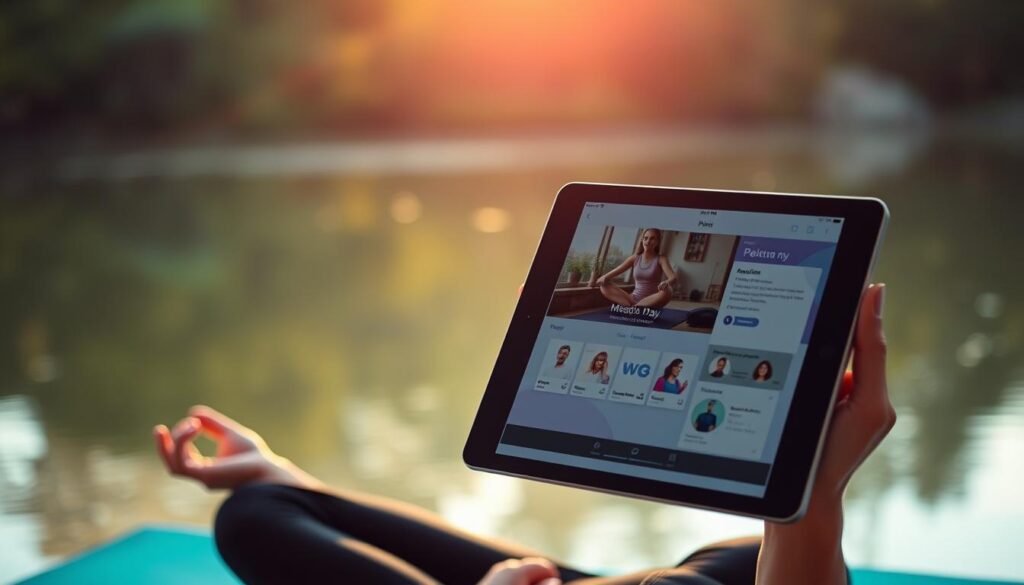 Image of a person meditating with a tablet displaying the Peloton App