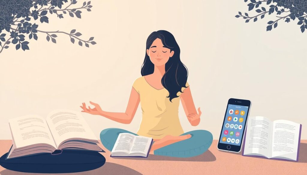Image of a person meditating with a variety of mindfulness resources in the background, such as books, apps, and a meditation cushion.