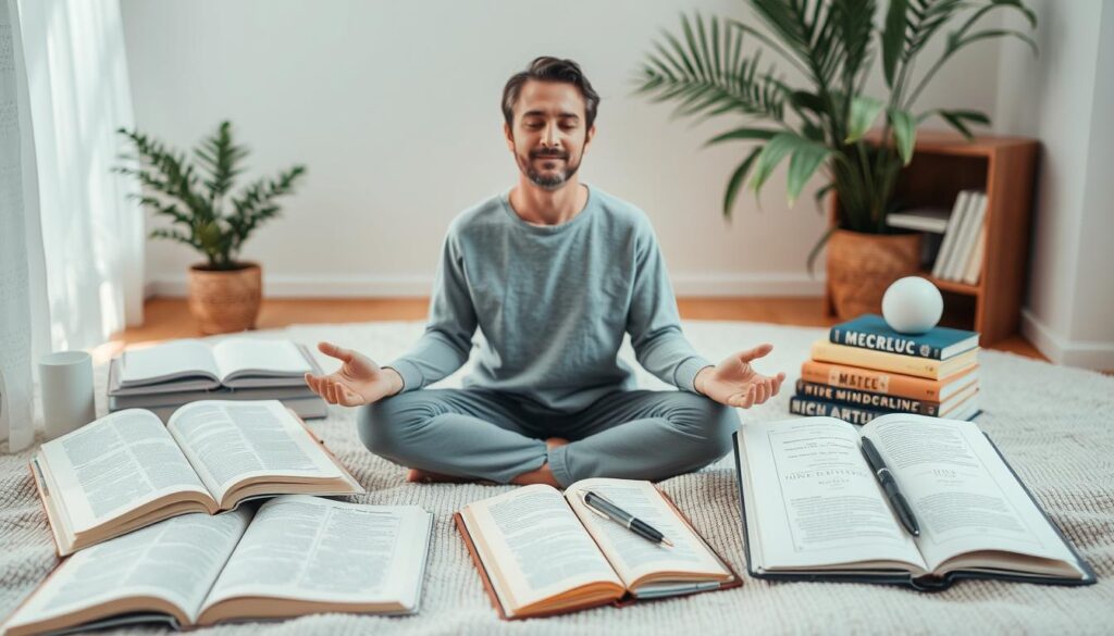 Image of a person meditating with various mindfulness resources around them, such as books, a meditation app on a tablet, and a notebook for journaling.