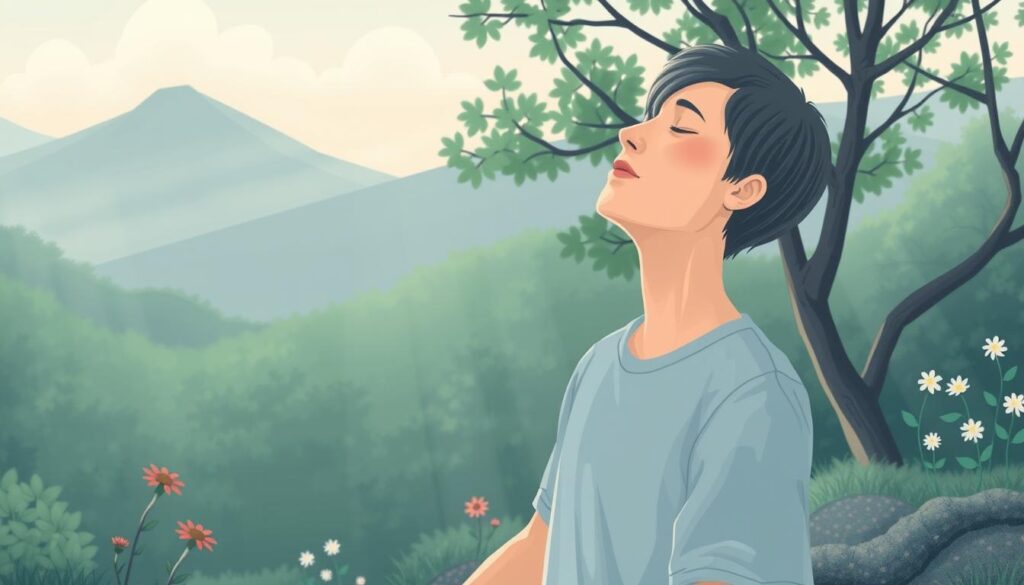 Image of a person practicing deep, controlled breathing in a calm environment.
