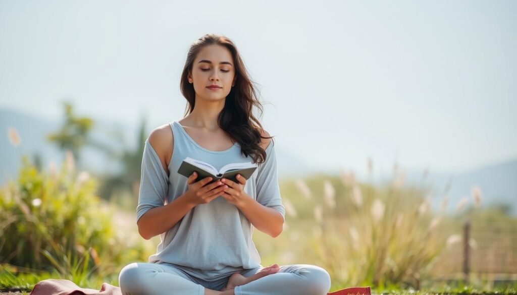 Image of a person practicing gentle yoga or journaling alongside meditation